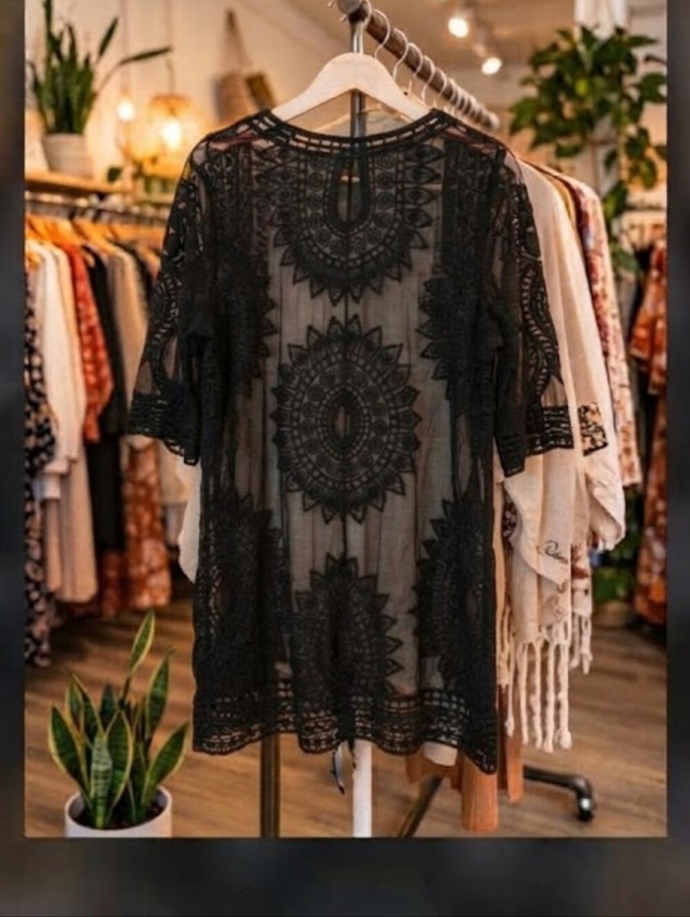 Semi Sheer Black Lace Floral Embroidered One-Size Kimono Cover-Up Duster OS